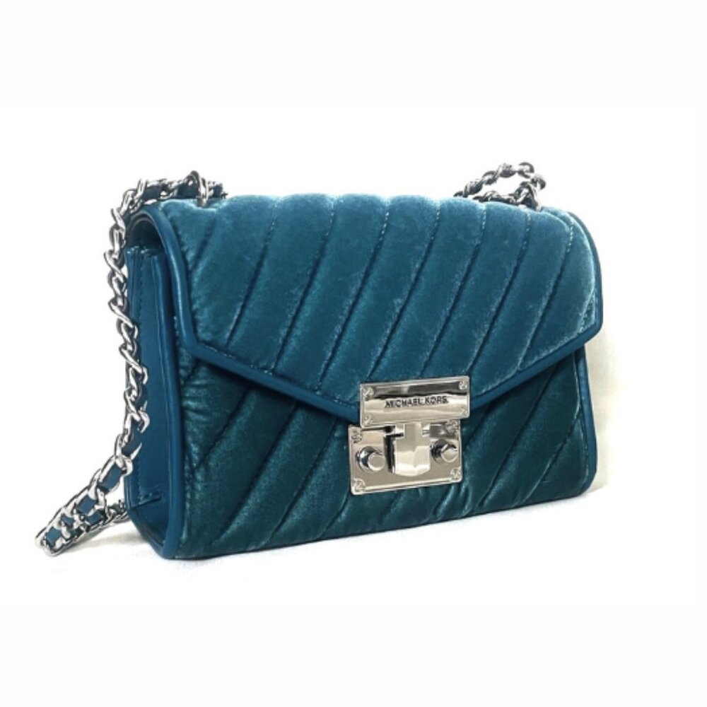 Michael Kors Blue Velvet Quilted Shoulder Bag Silver Chain Leather